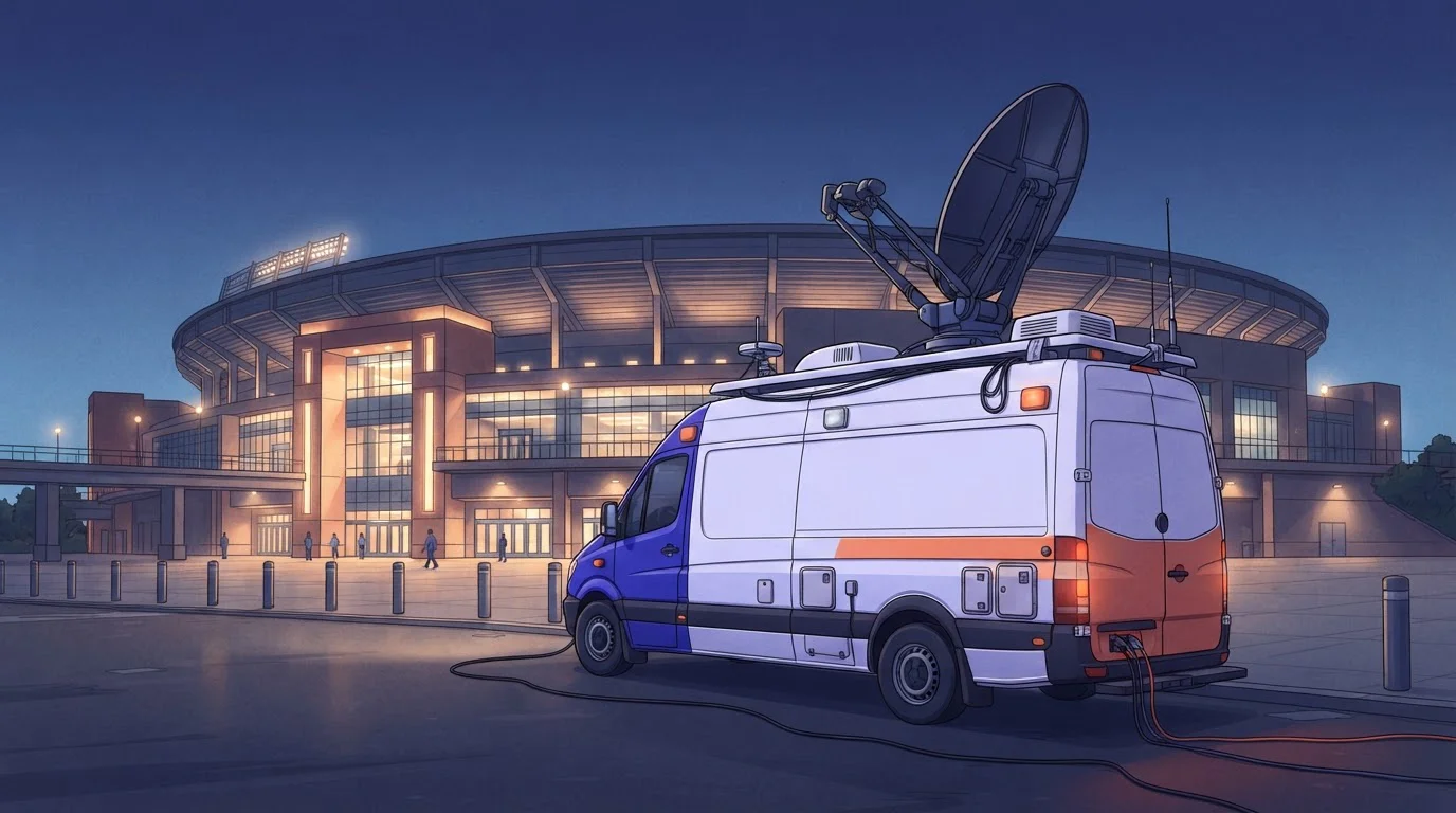 Übertragungswagen und beleuchtetes Stadion vor einem Live-Spiel