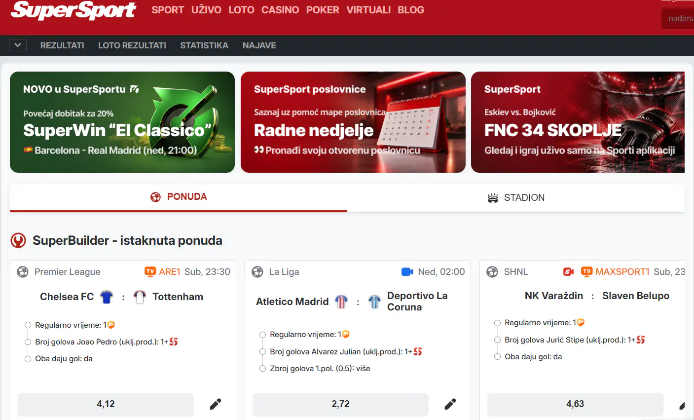 Fußballauswahl mit Begegnungen und Wettmärkten im SuperSport-Wettangebot