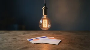 Schreibtischlampe beleuchtet eine Notiz zu laufenden Sportergebnissen.