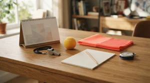 Schreibtisch mit Sportkalender, Spielnotizen und verschiedenen Sportgeräten