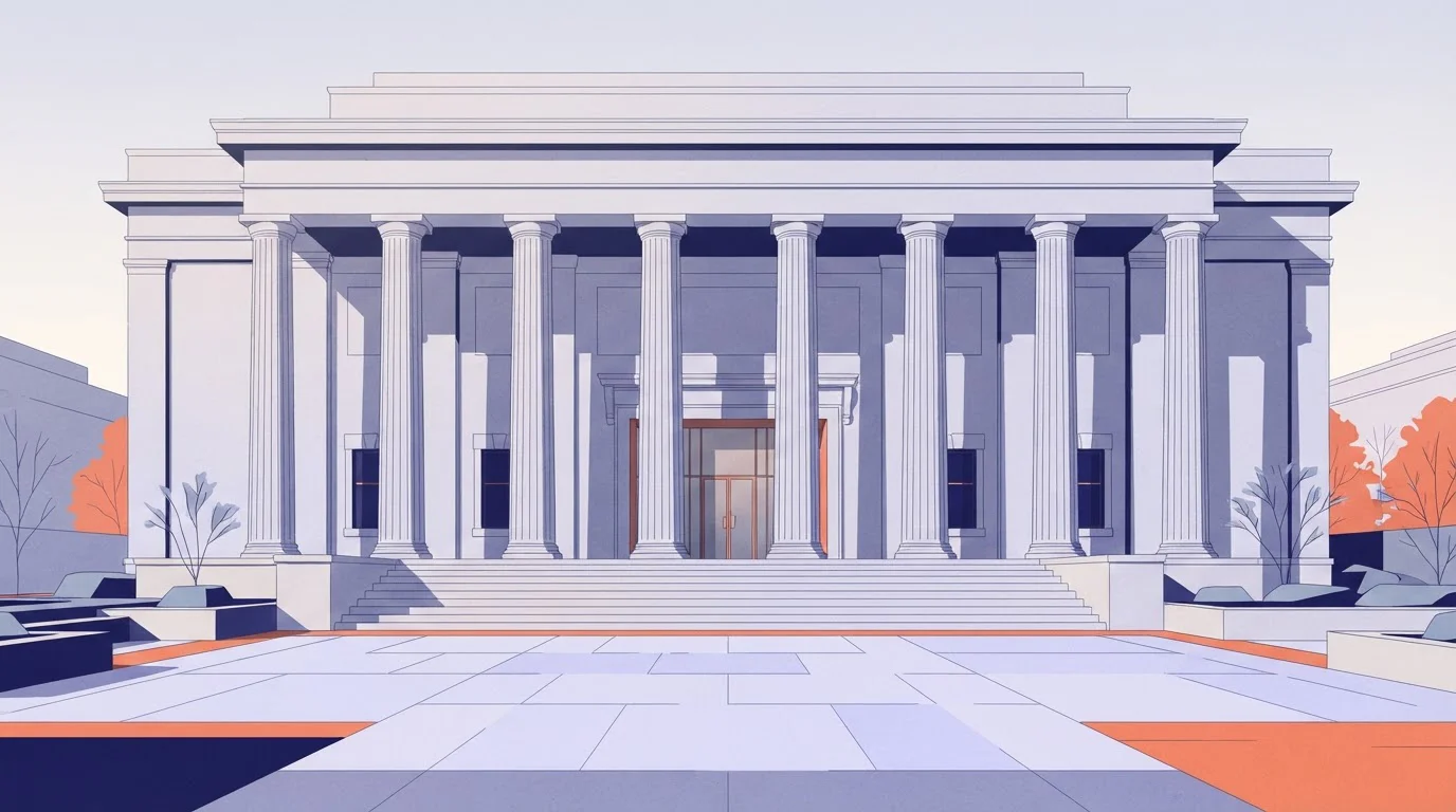 Verwaltungsgebäude mit einer breiten Treppe und steinernen Säulen.